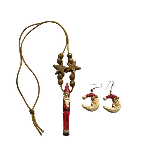 SANTA CLAUS Necklace and Earrings Folk Art Wooden-look String Father Christmas - Picture 5 of 8